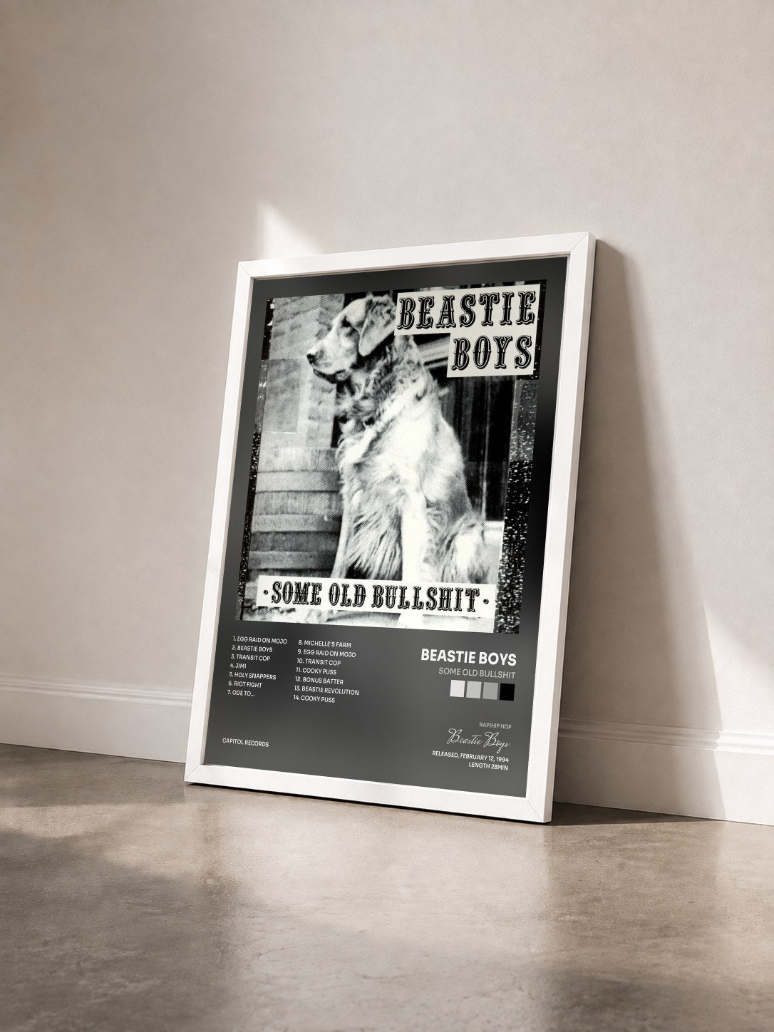 #blanc Tableau de l'album Some Old Bullshit de Beastie Boys vu de trois quarts, cadre blanc