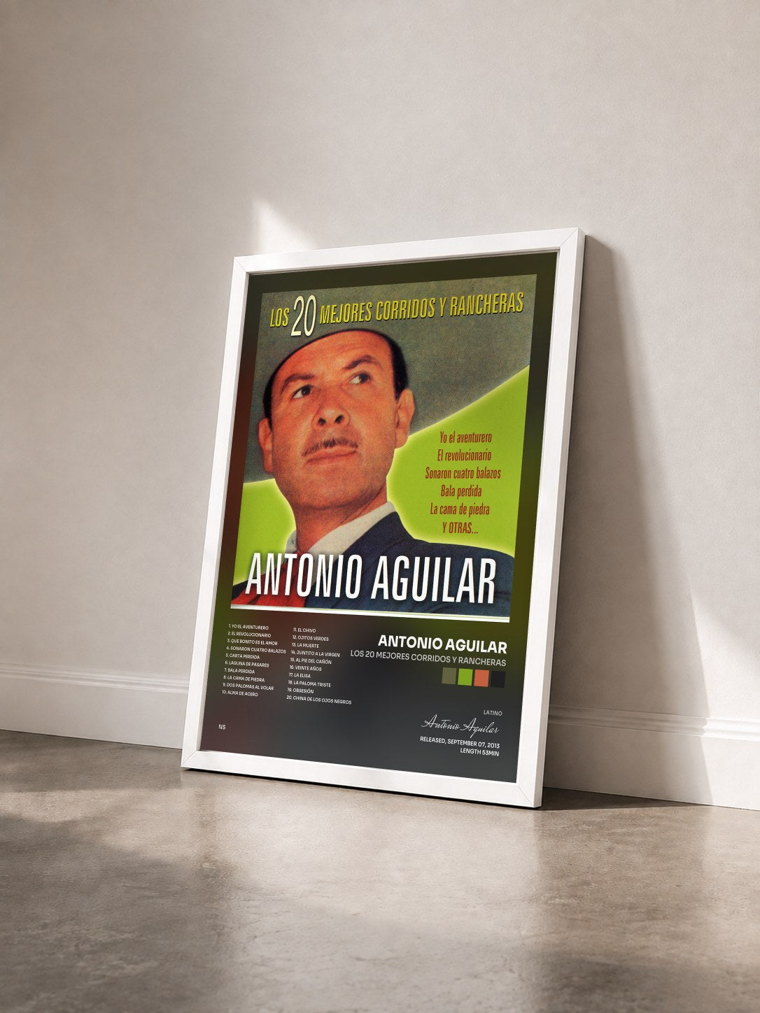 #blanc Tableau de l'album Los 20 Mejores Corridos y Rancheras de Antonio Aguilar vu de trois quarts, cadre blanc