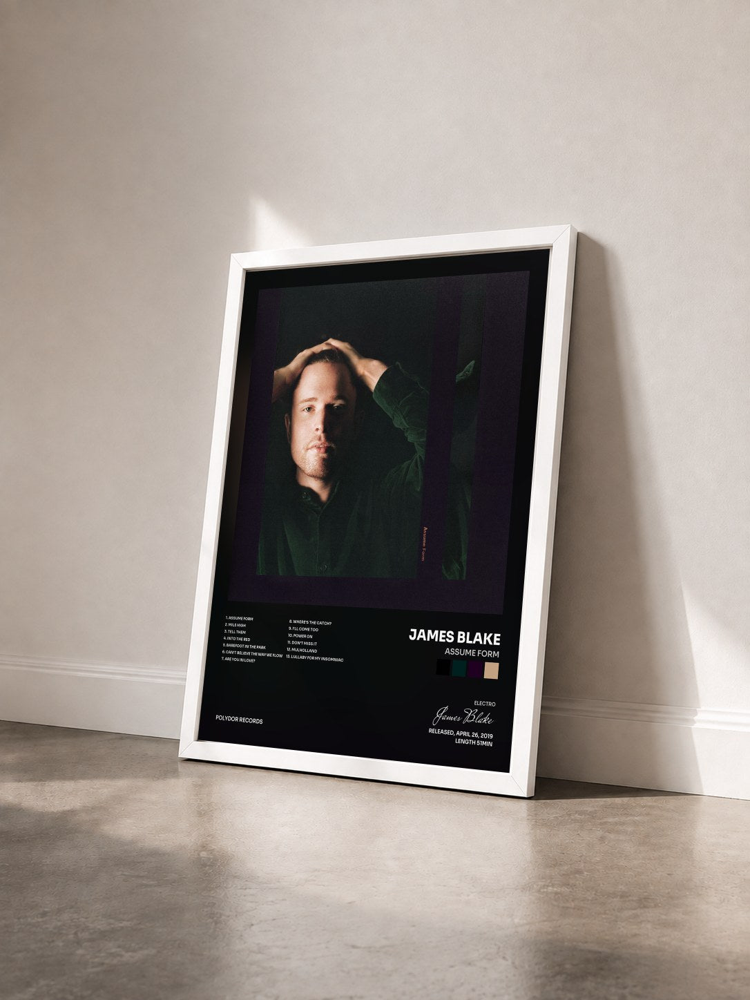 #blanc Tableau de l'album Assume Form de James Blake vu de trois quarts, cadre blanc