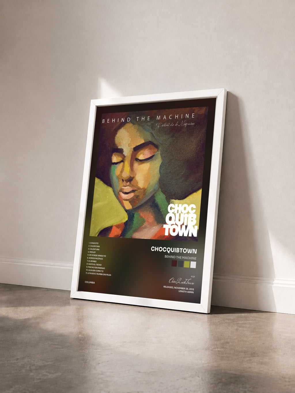 #blanc Tableau de l'album Behind The Machine de ChocQuibTown vu de trois quarts, cadre blanc