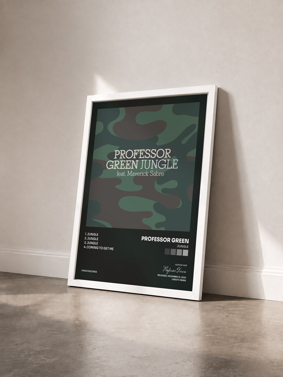 #blanc Tableau de l'album Jungle de Professor Green vu de trois quarts, cadre blanc