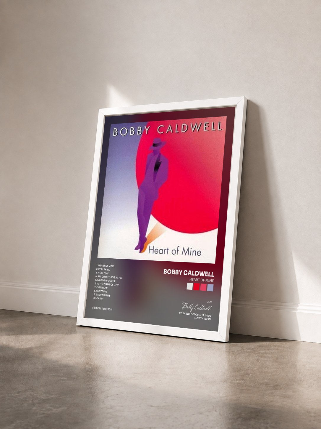 #blanc Tableau de l'album Heart of Mine de Bobby Caldwell vu de trois quarts, cadre blanc