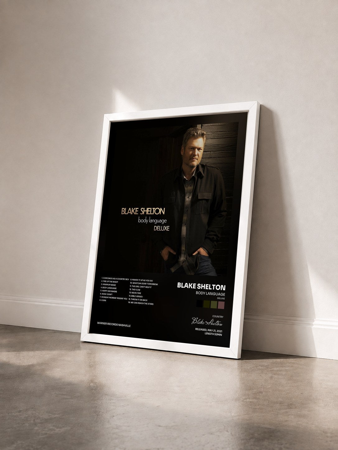 #blanc Tableau de l'album Body Language (Deluxe) de Blake Shelton vu de trois quarts, cadre blanc