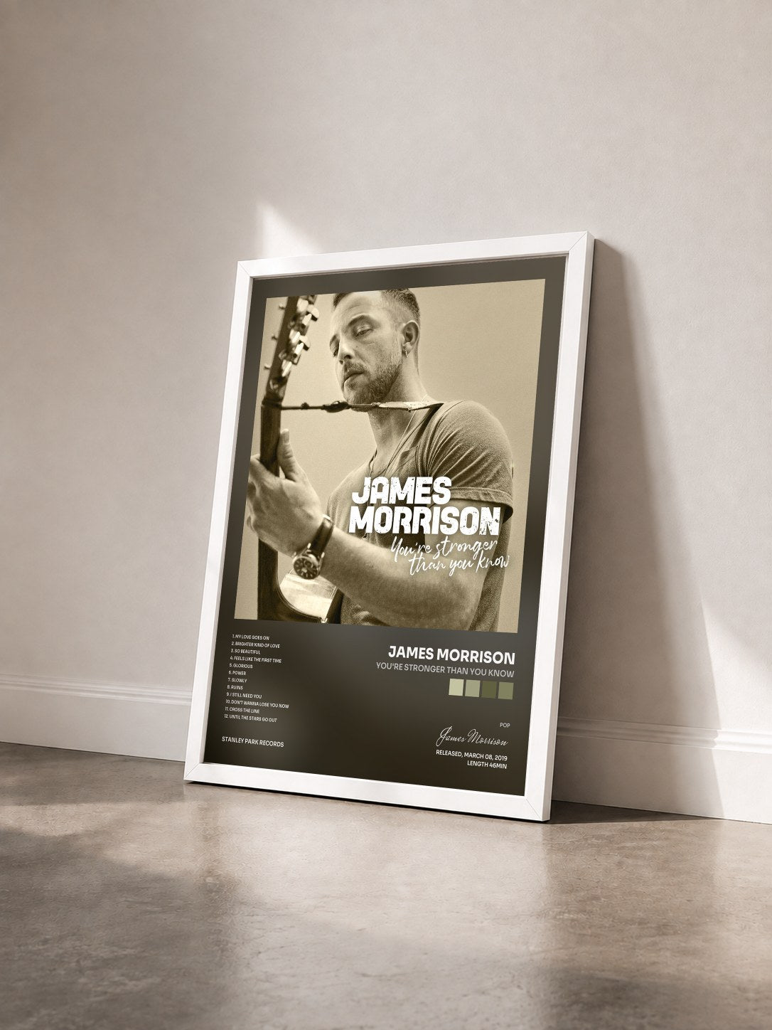 #blanc Tableau de l'album You're Stronger Than You Know de James Morrison vu de trois quarts, cadre blanc
