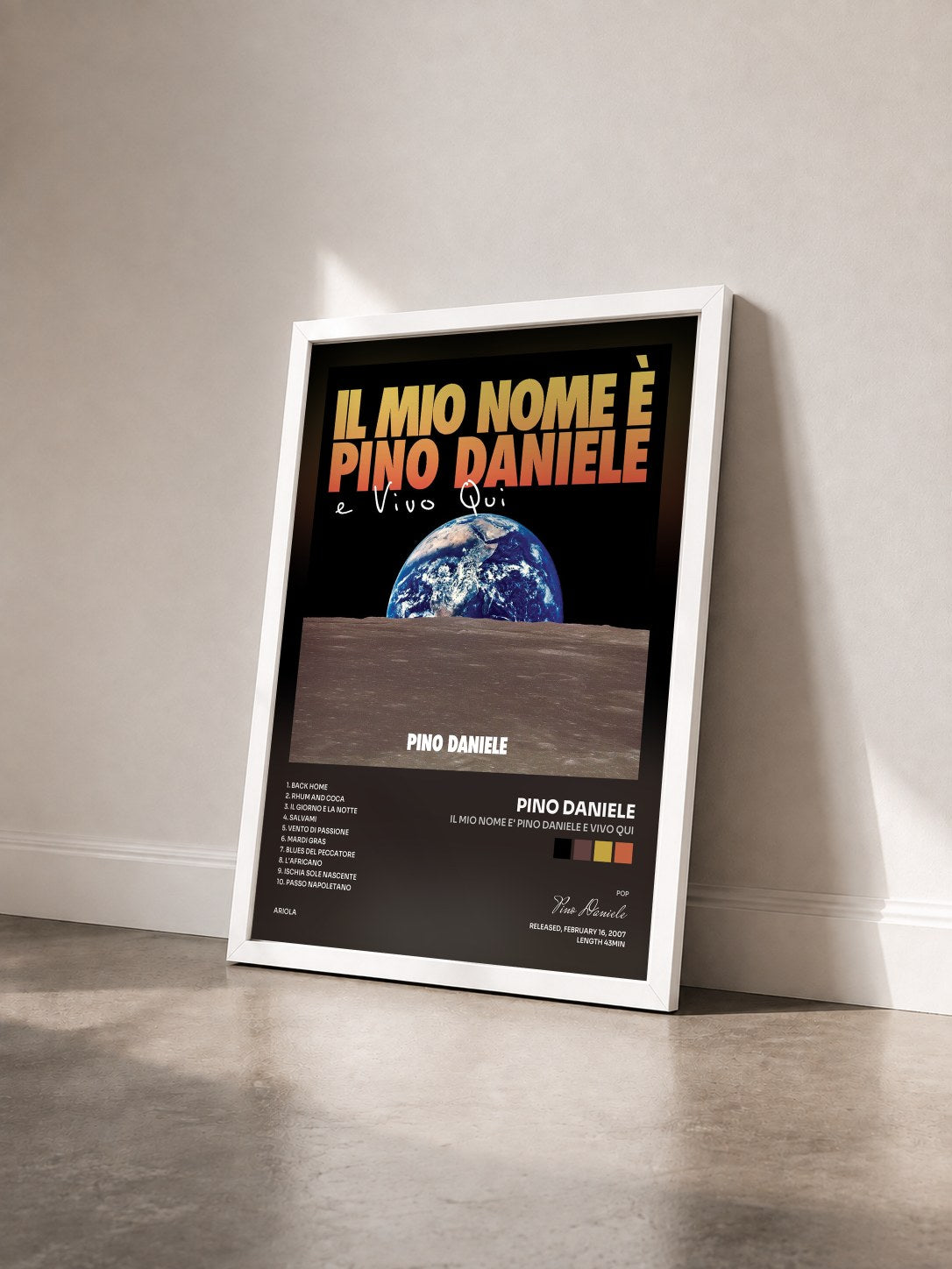 #blanc Tableau de l'album Il mio nome e' Pino Daniele e vivo qui de Pino Daniele vu de trois quarts, cadre blanc