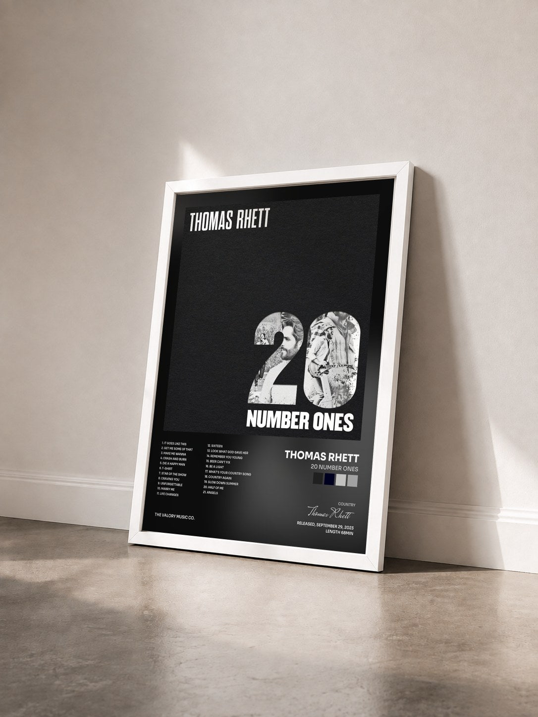 #blanc Tableau de l'album 20 Number Ones de Thomas Rhett vu de trois quarts, cadre blanc