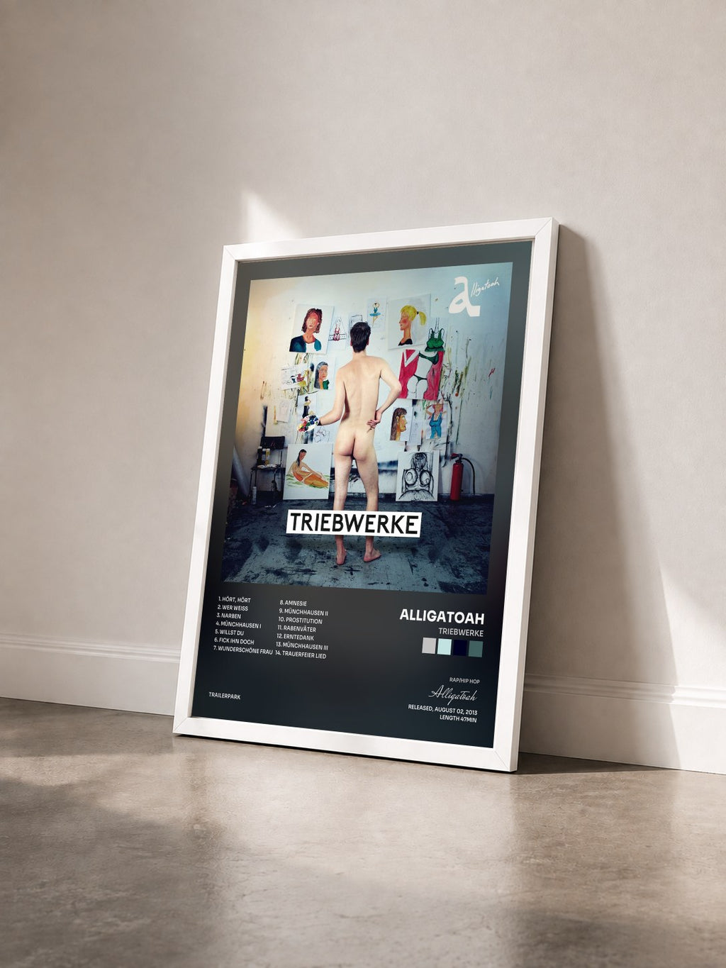#blanc Tableau de l'album Triebwerke de Alligatoah vu de trois quarts, cadre blanc
