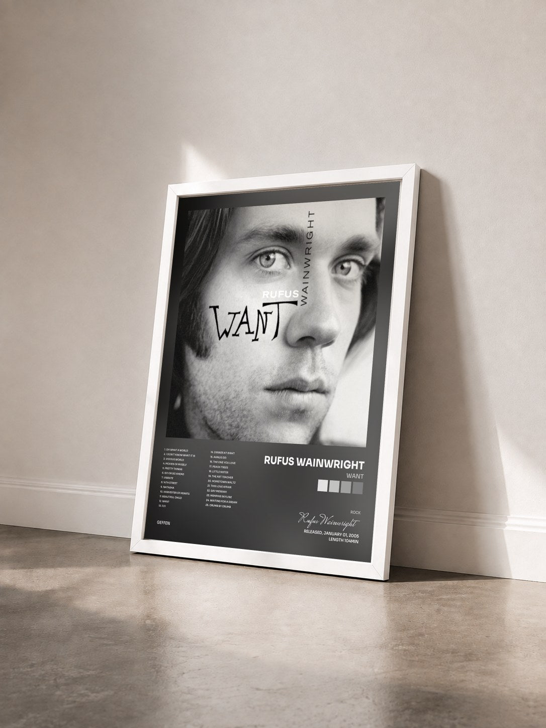 #blanc Tableau de l'album Want de Rufus Wainwright vu de trois quarts, cadre blanc
