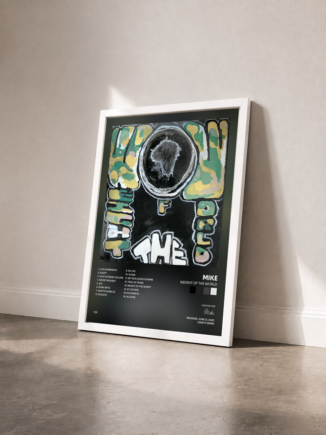 #blanc Tableau de l'album weight of the world de Mike vu de trois quarts, cadre blanc
