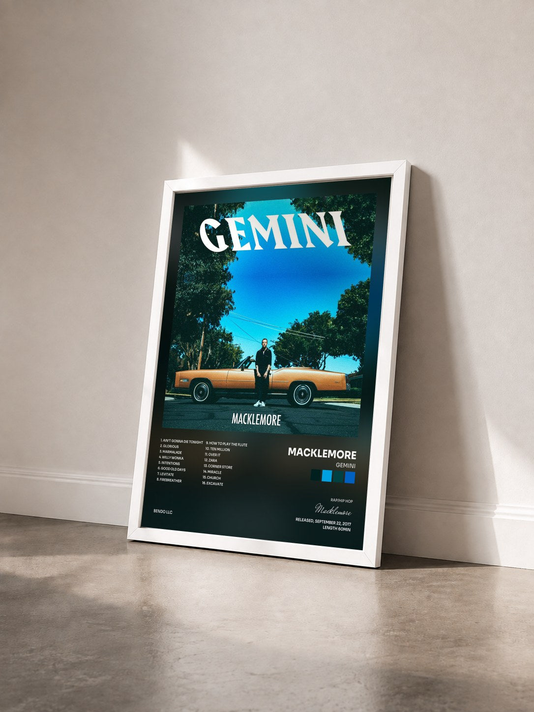 #blanc Tableau de l'album GEMINI de Macklemore vu de trois quarts, cadre blanc