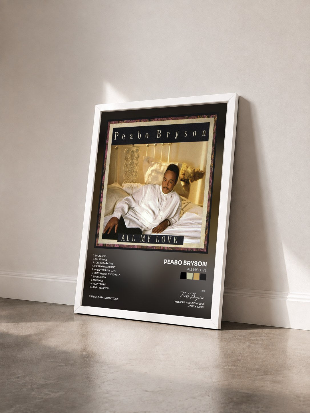 #blanc Tableau de l'album All My Love de Peabo Bryson vu de trois quarts, cadre blanc