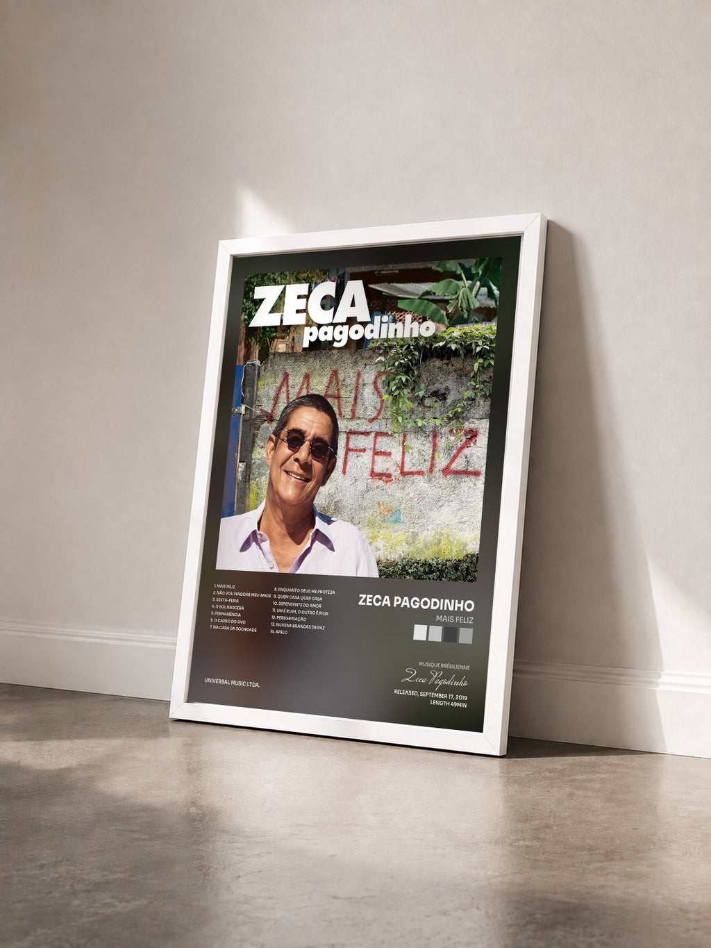 #blanc Tableau de l'album Mais Feliz de Zeca Pagodinho vu de trois quarts, cadre blanc