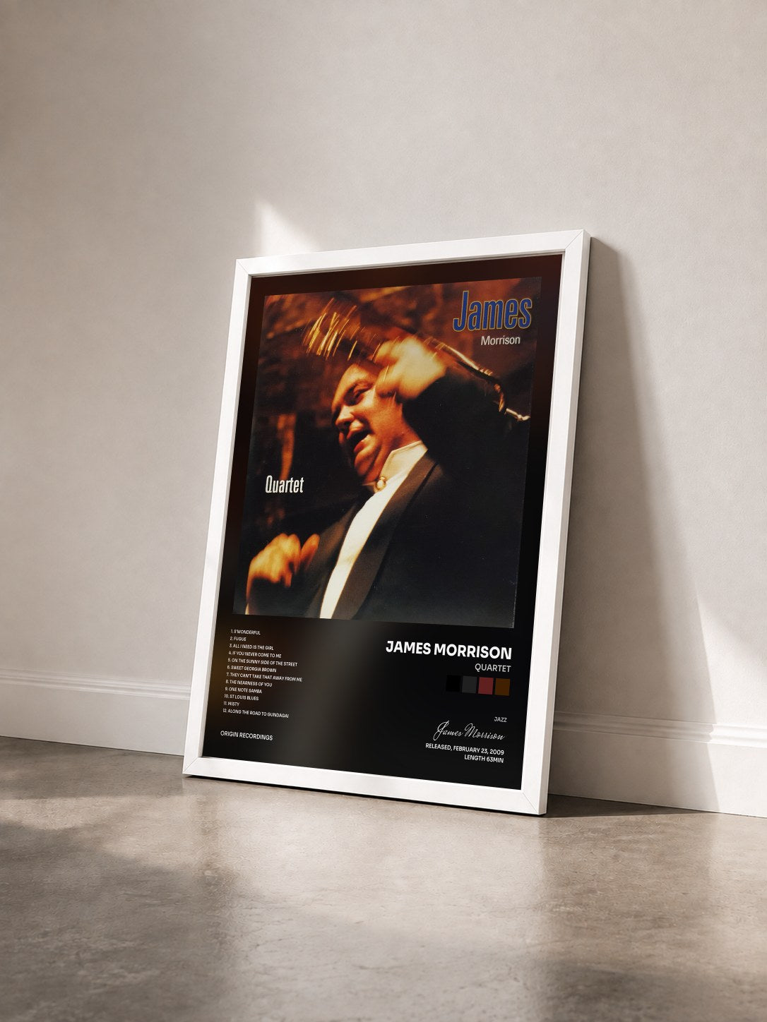 #blanc Tableau de l'album Quartet de James Morrison vu de trois quarts, cadre blanc