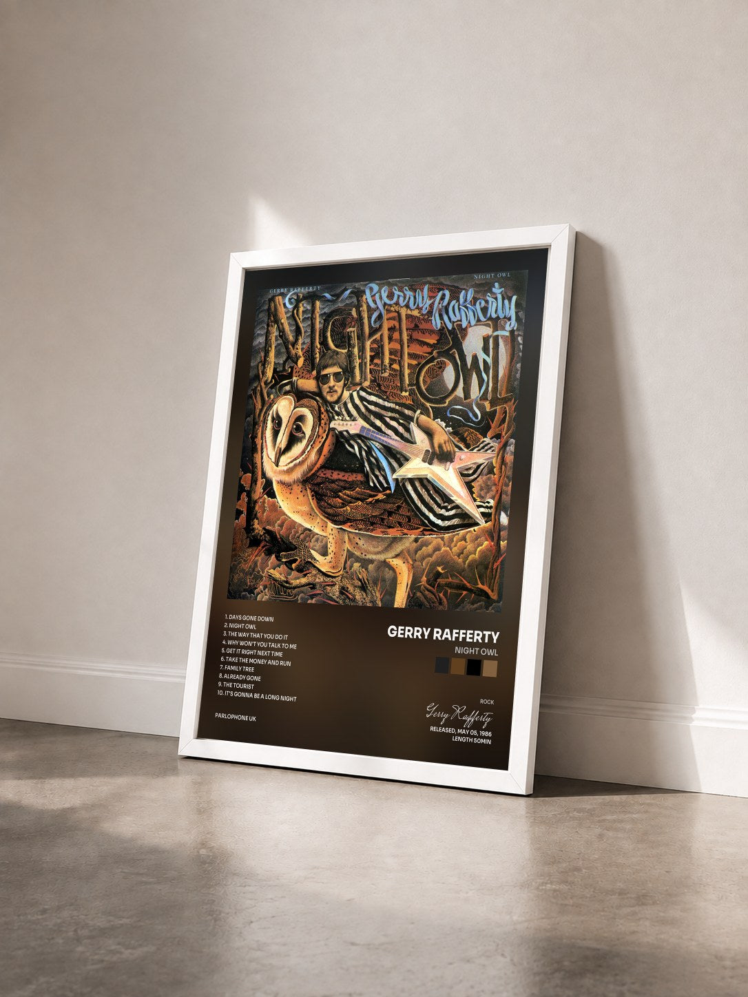 #blanc Tableau de l'album Night Owl de Gerry Rafferty vu de trois quarts, cadre blanc