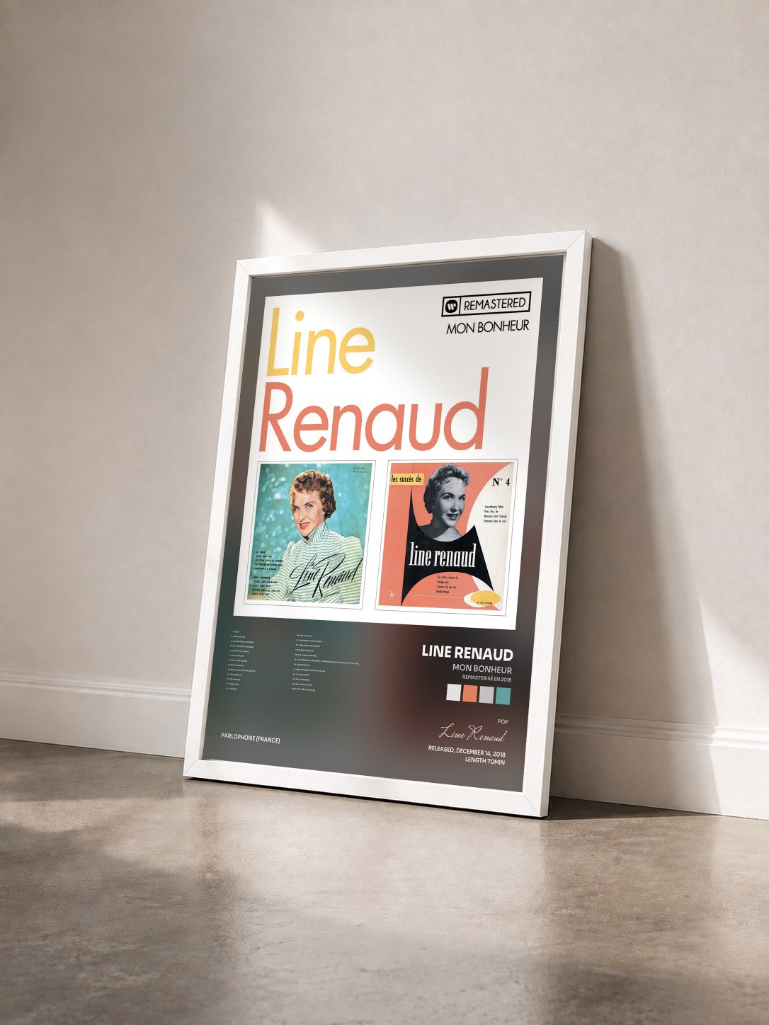 #blanc Tableau de l'album Mon Bonheur (Remasterisé en 2018) de Line Renaud vu de trois quarts, cadre blanc