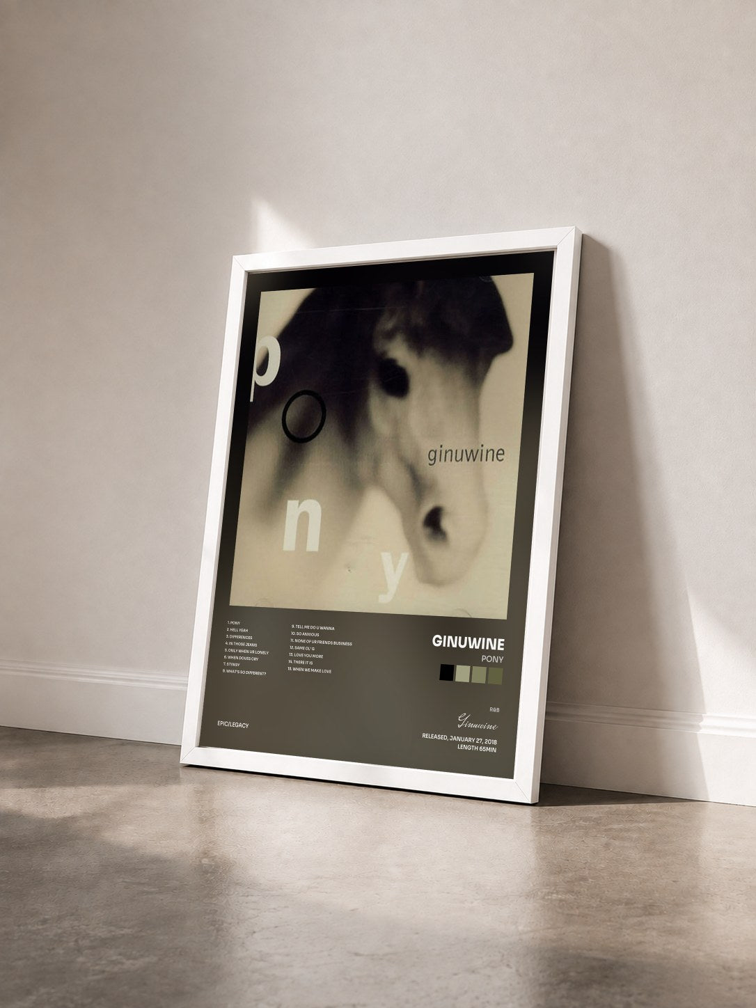 #blanc Tableau de l'album Pony de Ginuwine vu de trois quarts, cadre blanc