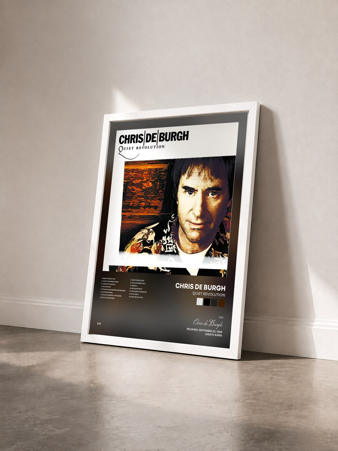 #blanc Tableau de l'album Quiet Revolution de Chris de Burgh vu de trois quarts, cadre blanc