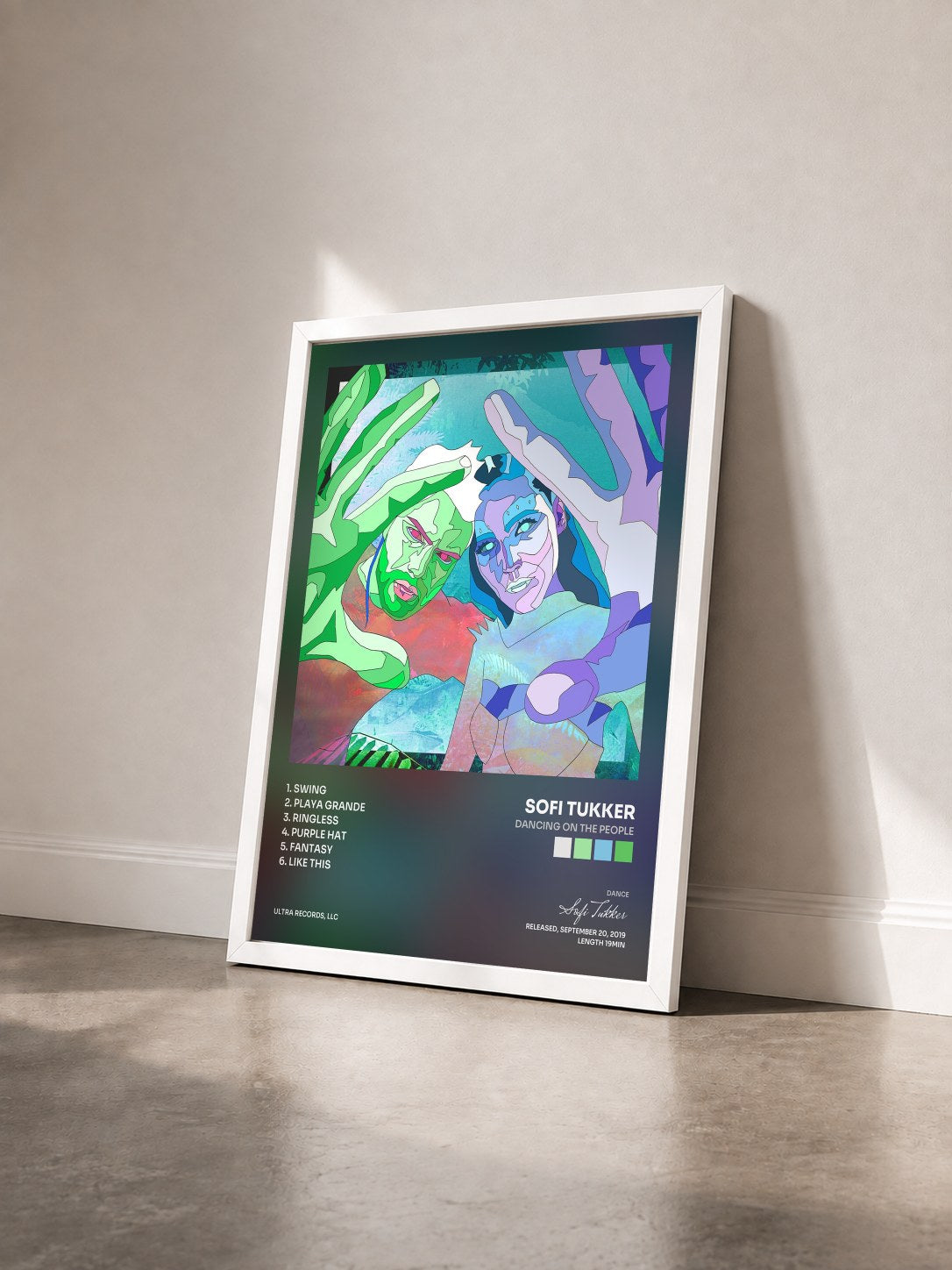 #blanc Tableau de l'album DANCING ON THE PEOPLE de Sofi Tukker vu de trois quarts, cadre blanc