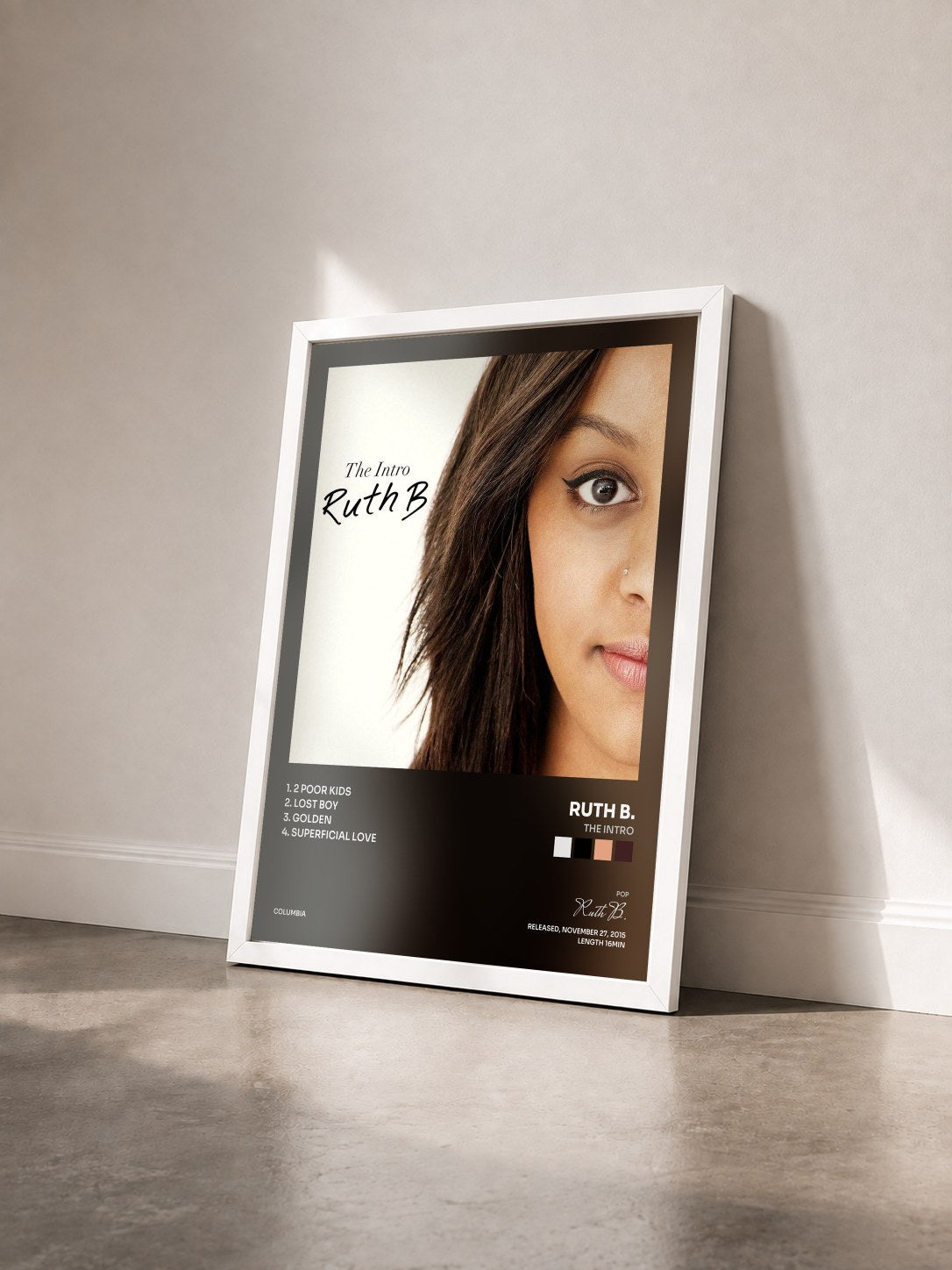 #blanc Tableau de l'album The Intro de Ruth B. vu de trois quarts, cadre blanc