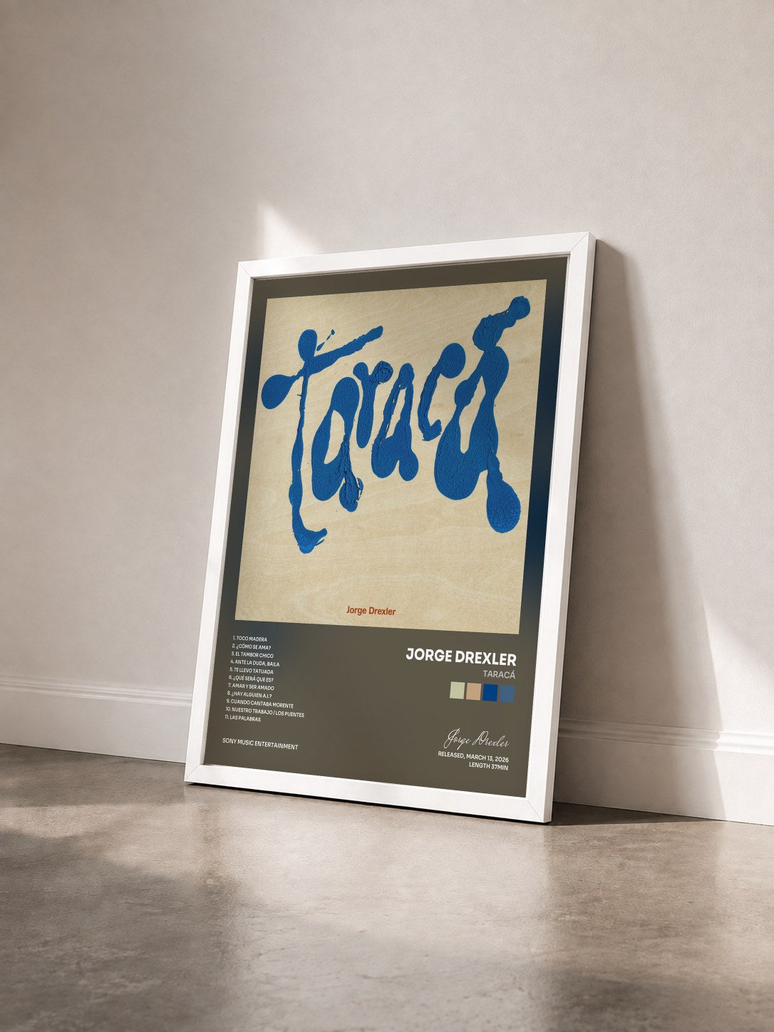 #blanc Tableau de l'album Taracá de Jorge Drexler vu de trois quarts, cadre blanc