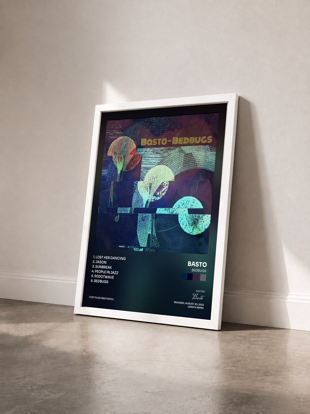 #blanc Tableau de l'album Bedbugs de Basto vu de trois quarts, cadre blanc