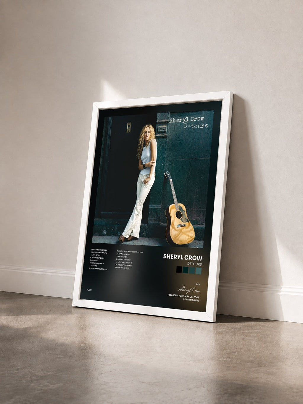 #blanc Tableau de l'album Detours de Sheryl Crow vu de trois quarts, cadre blanc