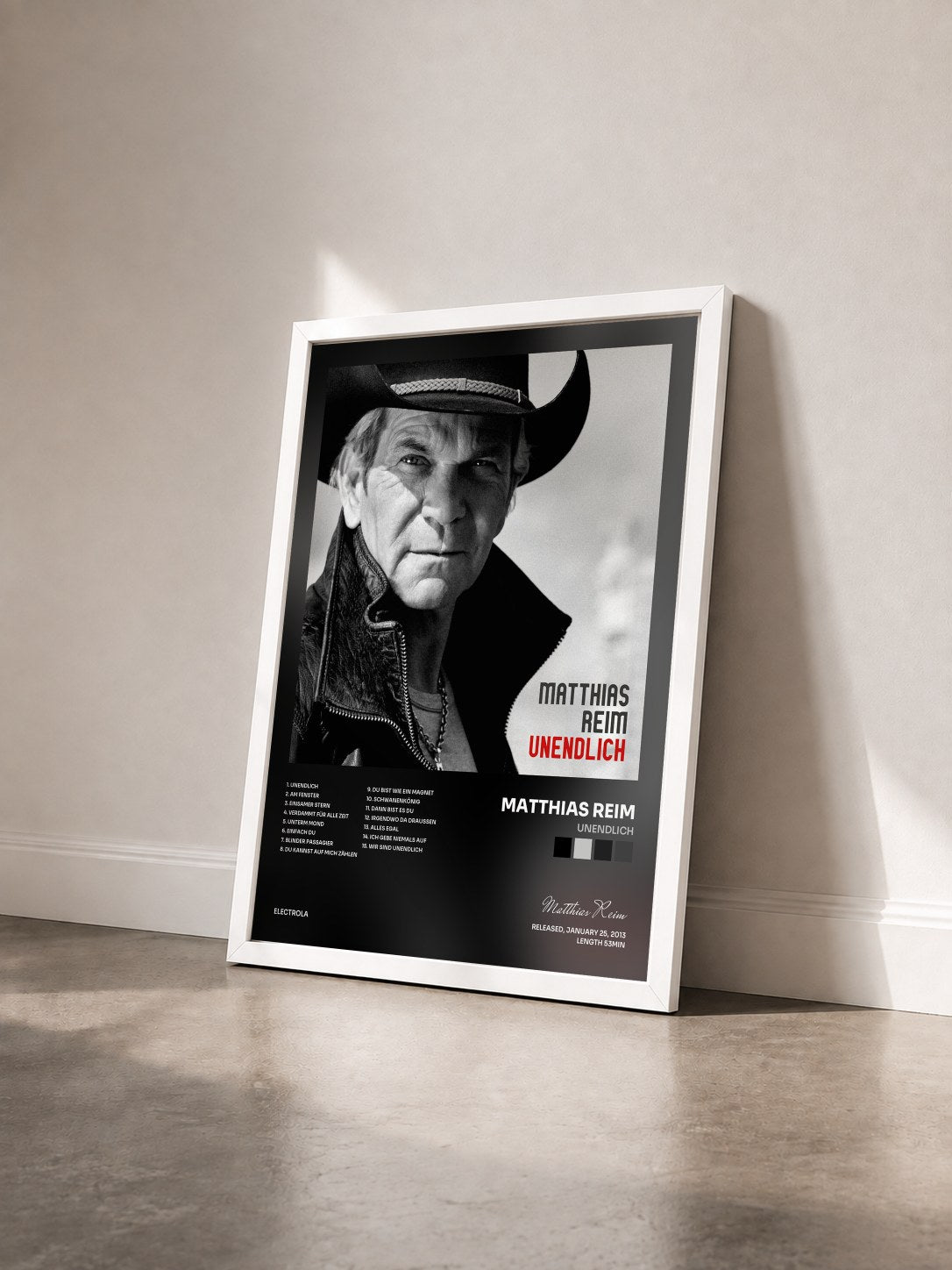 #blanc Tableau de l'album Unendlich de Matthias Reim vu de trois quarts, cadre blanc