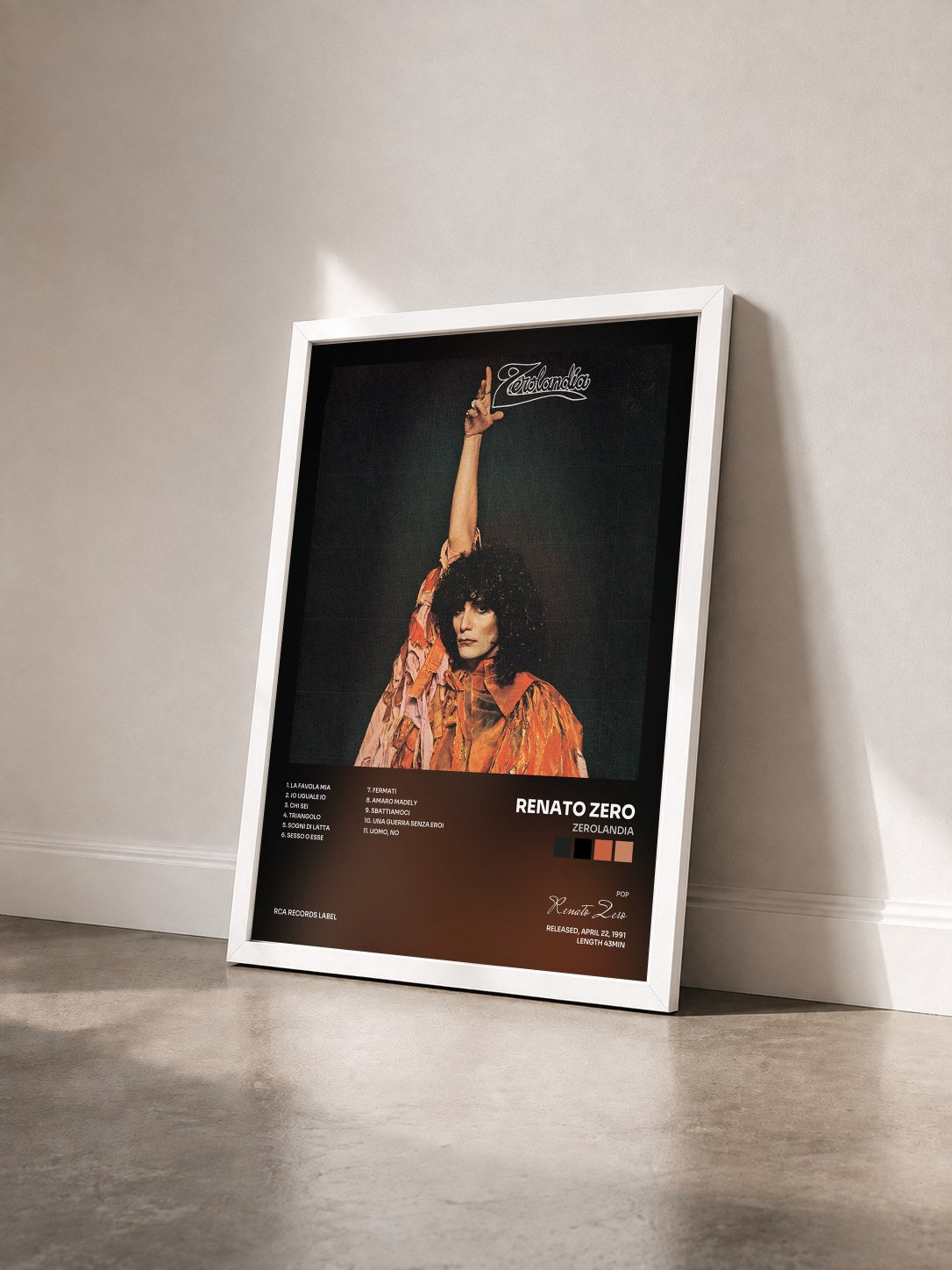 #blanc Tableau de l'album Zerolandia de Renato Zero vu de trois quarts, cadre blanc