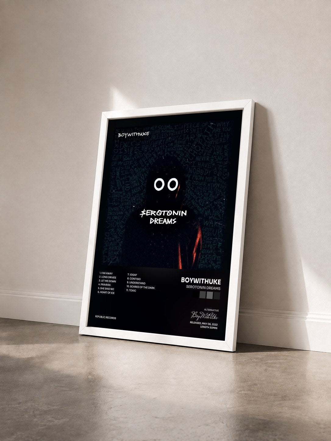 #blanc Tableau de l'album Serotonin Dreams de BoyWithUke vu de trois quarts, cadre blanc