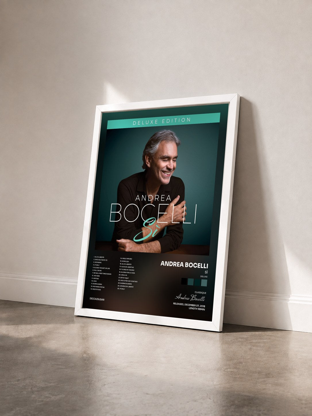 #blanc Tableau de l'album Sì (Deluxe) de Andrea Bocelli vu de trois quarts, cadre blanc