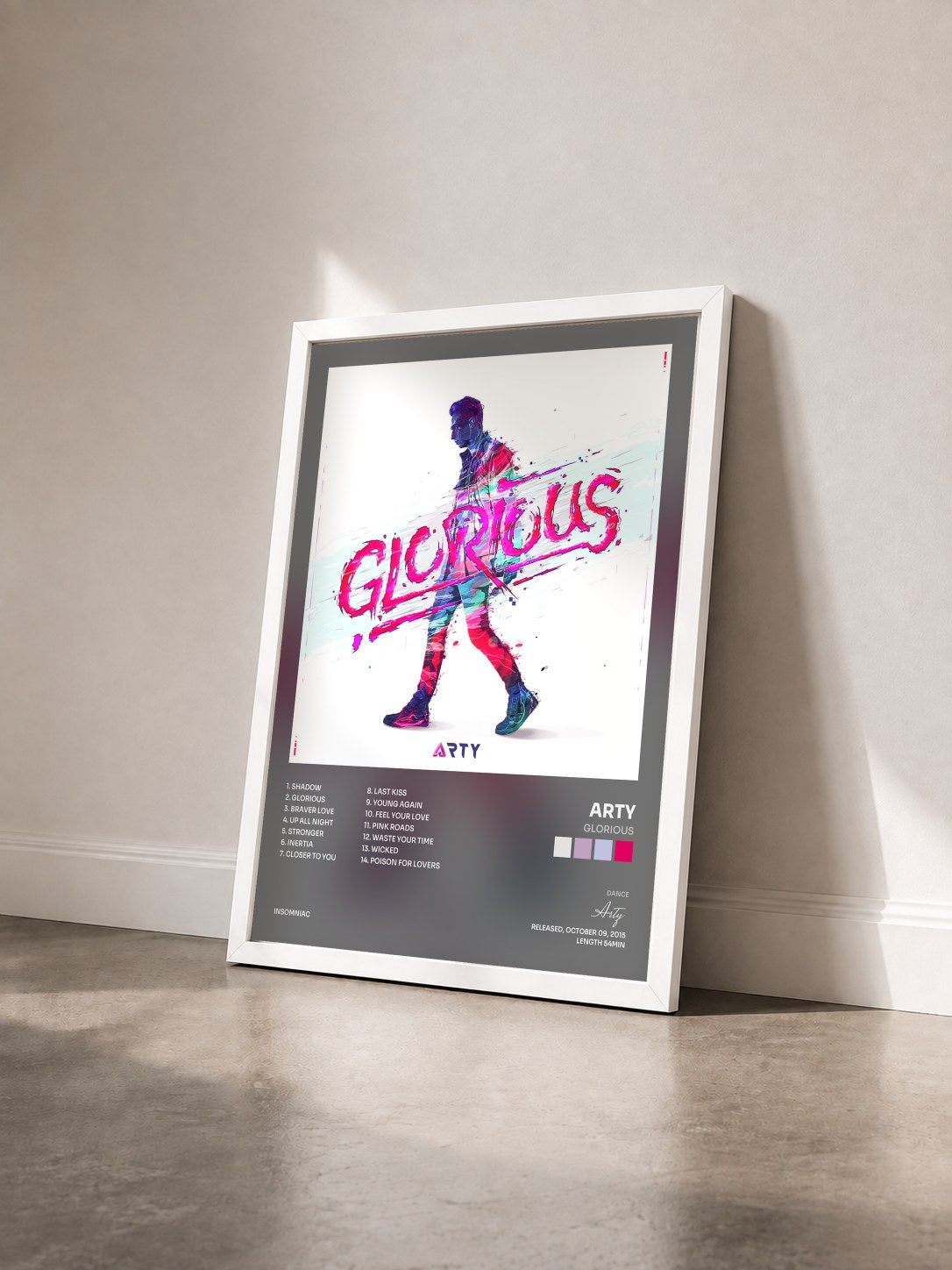 #blanc Tableau de l'album Glorious de Arty vu de trois quarts, cadre blanc