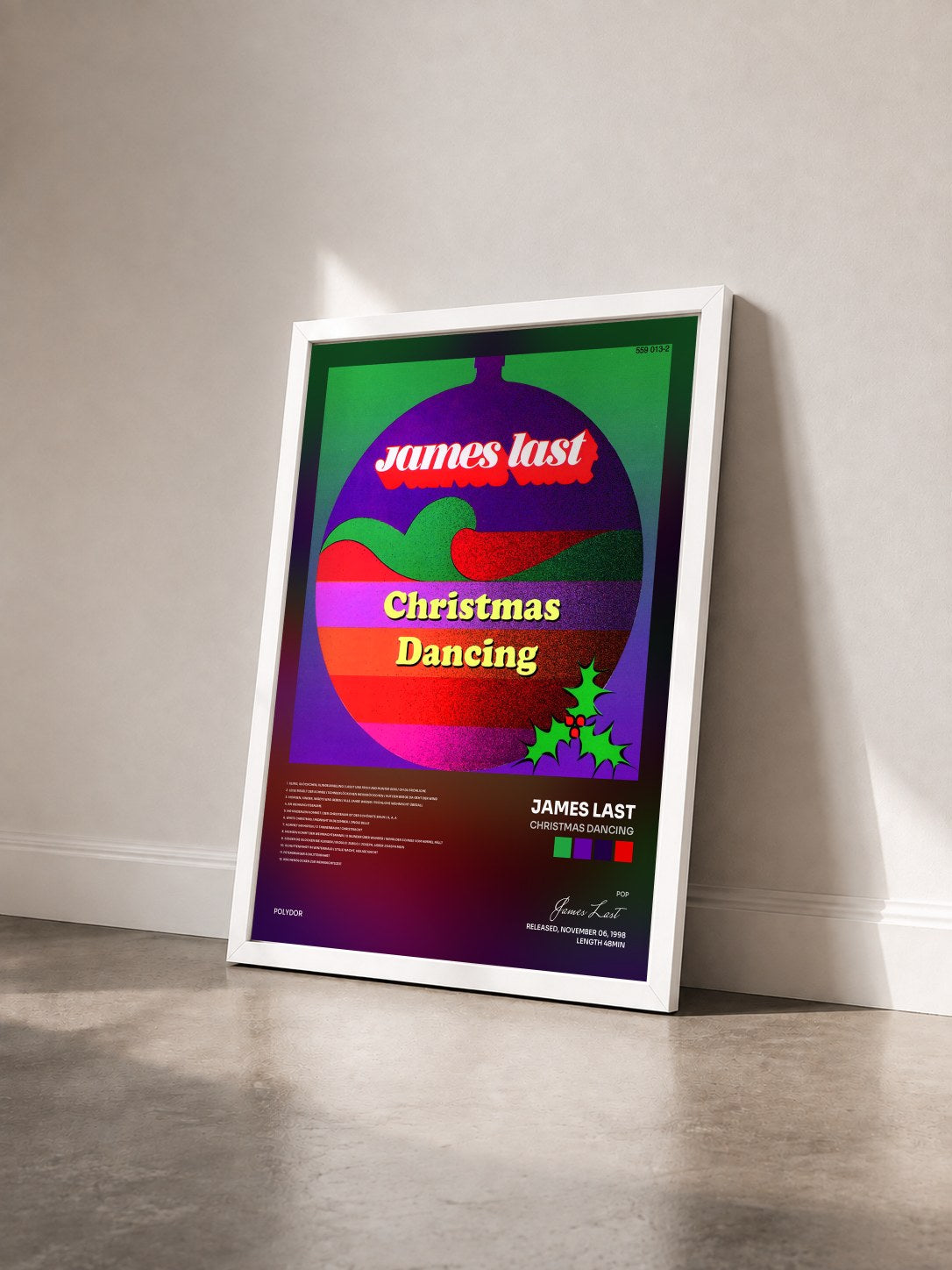 #blanc Tableau de l'album Christmas Dancing de James Last vu de trois quarts, cadre blanc