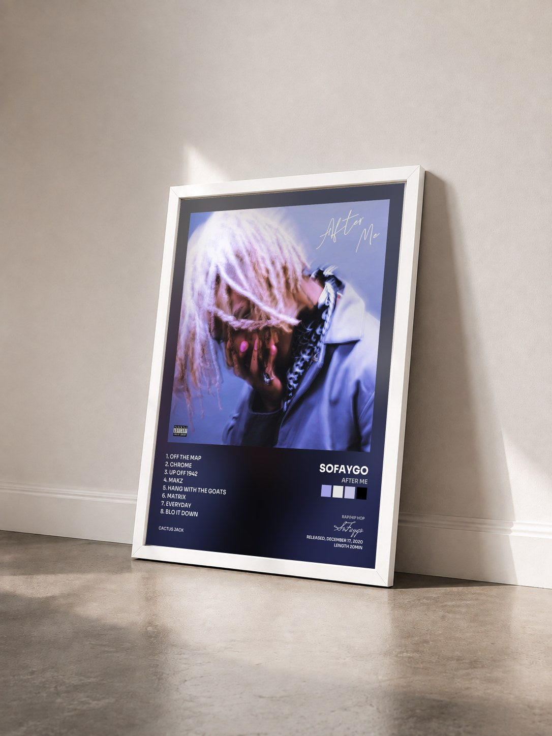 #blanc Tableau de l'album After Me de SoFaygo vu de trois quarts, cadre blanc