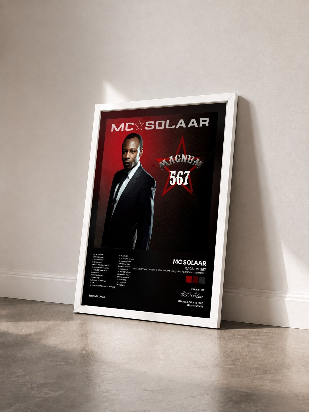 #blanc Tableau de l'album Magnum 567 (Pack contenant 3 albums de MC Solaar : Cinquième As, Mach 6 et Chapitre 7) de MC Solaar vu de trois quarts, cadre blanc