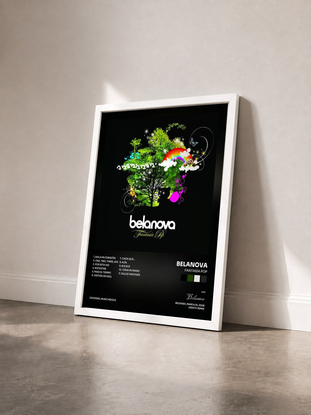 #blanc Tableau de l'album Fantasía Pop de Belanova vu de trois quarts, cadre blanc