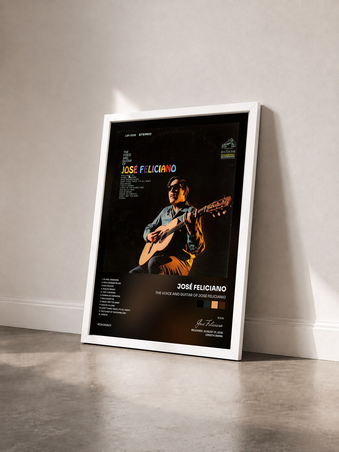 #blanc Tableau de l'album The Voice and Guitar of José Feliciano de José Feliciano vu de trois quarts, cadre blanc