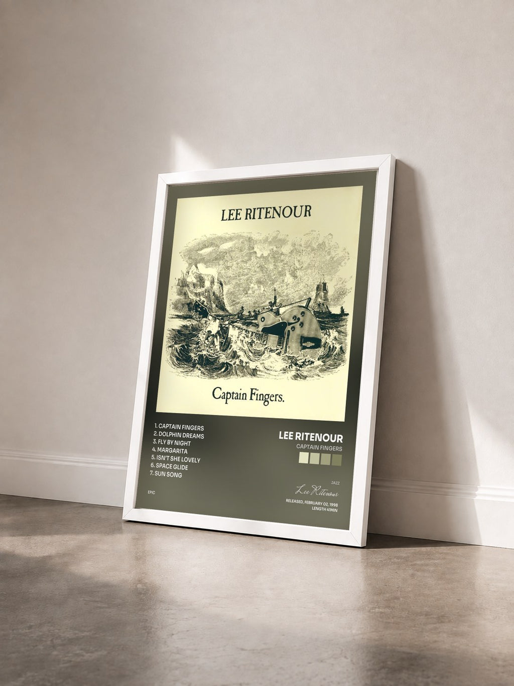 #blanc Tableau de l'album CAPTAIN FINGERS de Lee Ritenour vu de trois quarts, cadre blanc