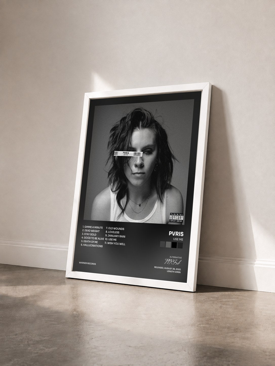 #blanc Tableau de l'album Use Me de PVRIS vu de trois quarts, cadre blanc