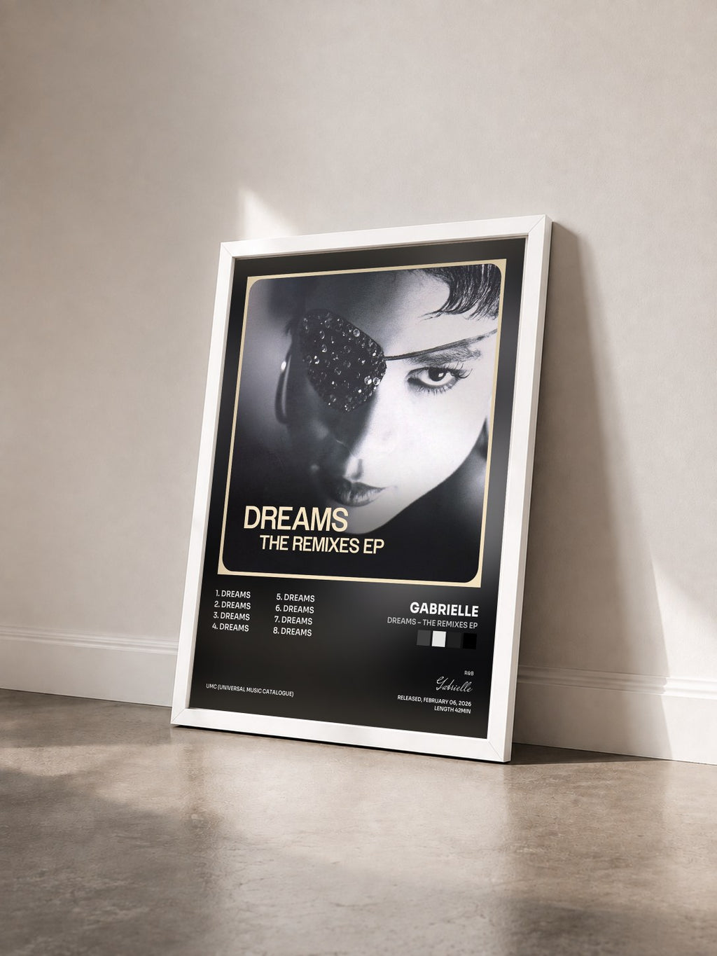 #blanc Tableau de l'album Dreams – The Remixes EP de Gabrielle vu de trois quarts, cadre blanc