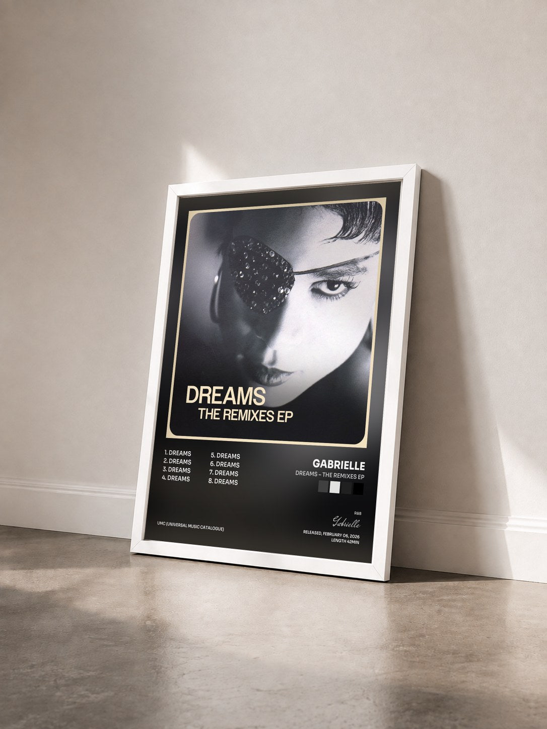 #blanc Tableau de l'album Dreams – The Remixes EP de Gabrielle vu de trois quarts, cadre blanc