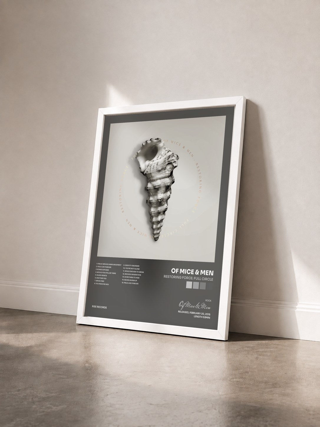 #blanc Tableau de l'album Restoring Force: Full Circle de Of Mice & Men vu de trois quarts, cadre blanc