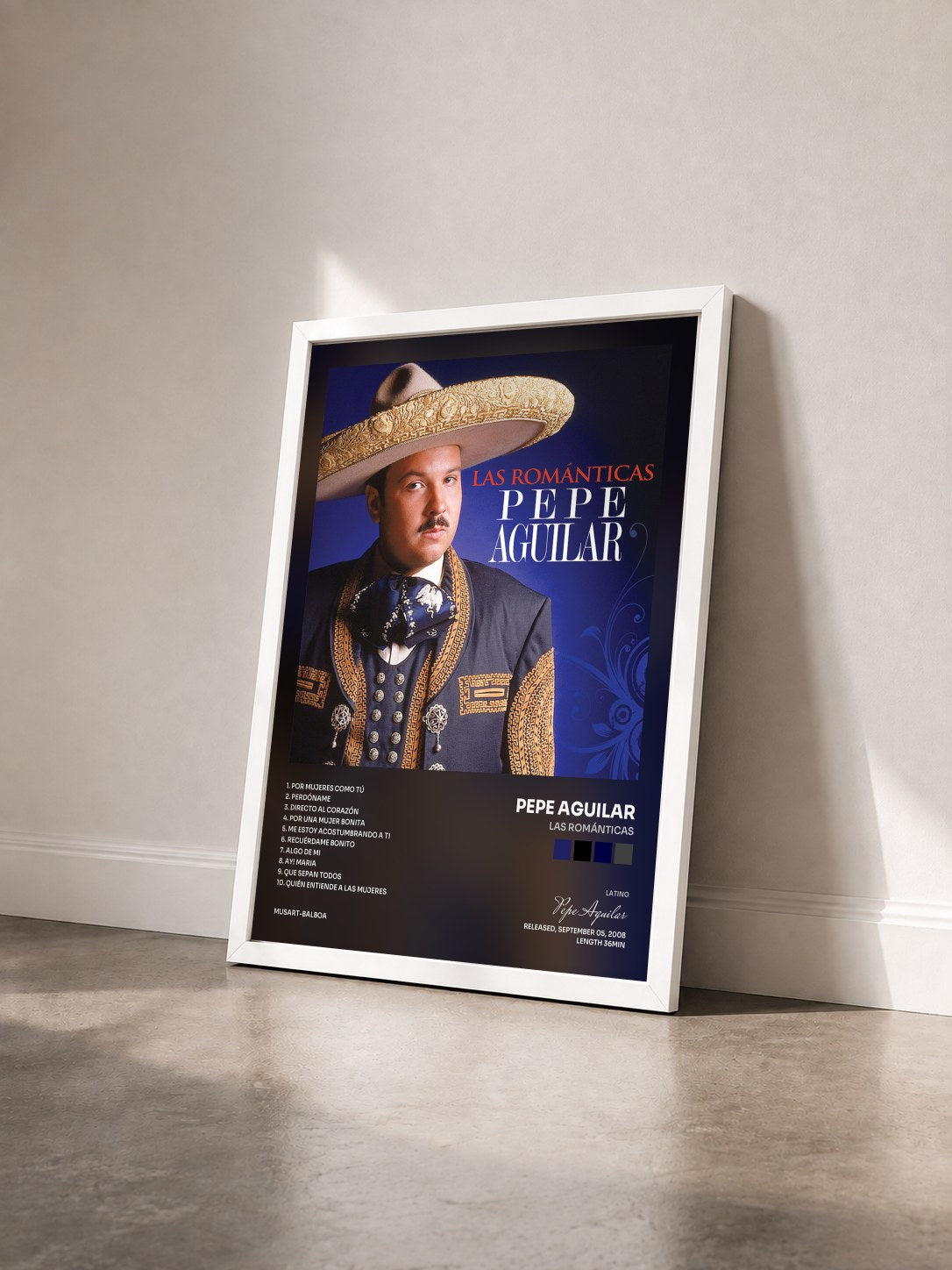 #blanc Tableau de l'album Las Románticas de Pepe Aguilar vu de trois quarts, cadre blanc