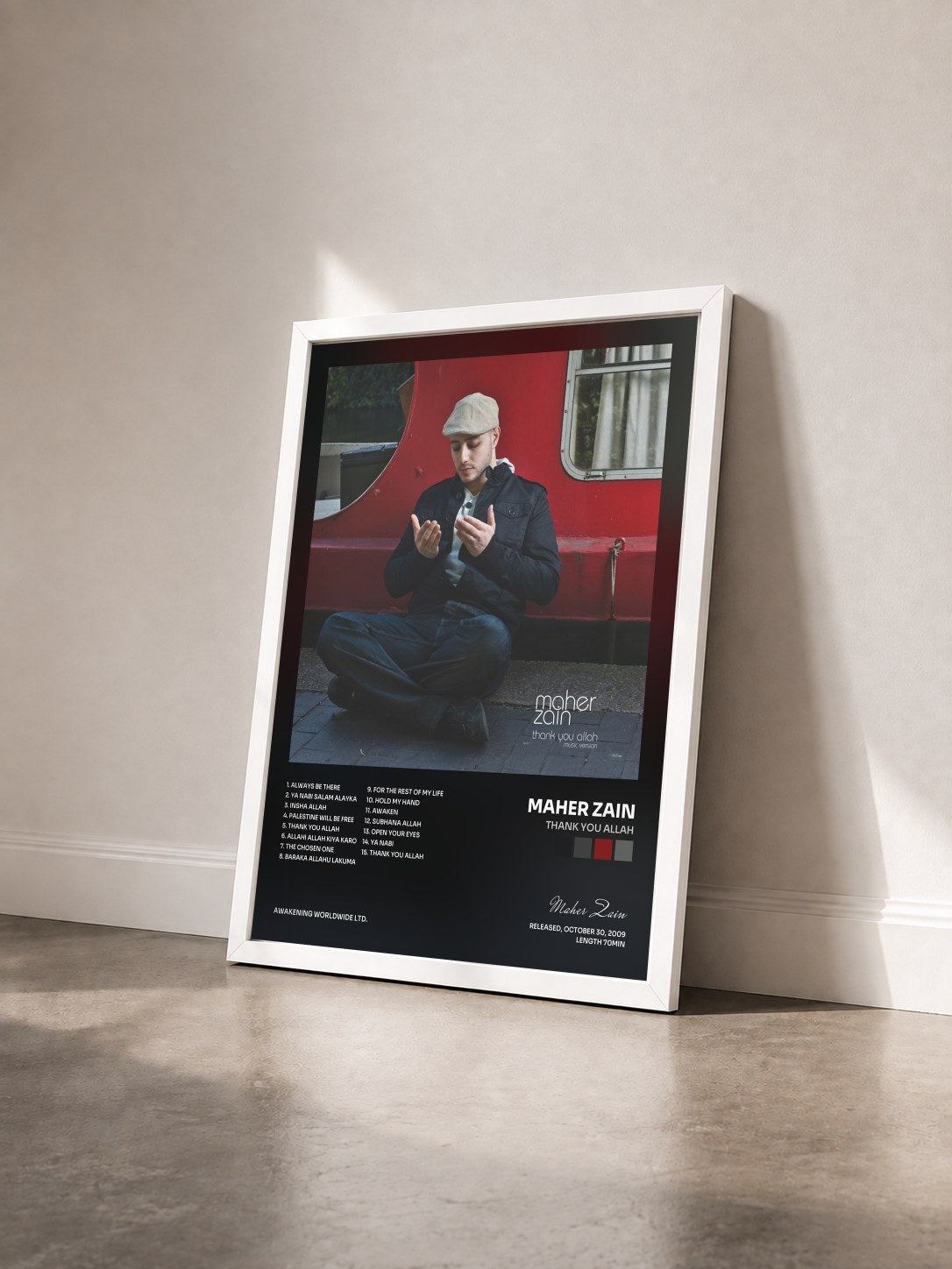#blanc Tableau de l'album Thank You Allah de Maher Zain vu de trois quarts, cadre blanc