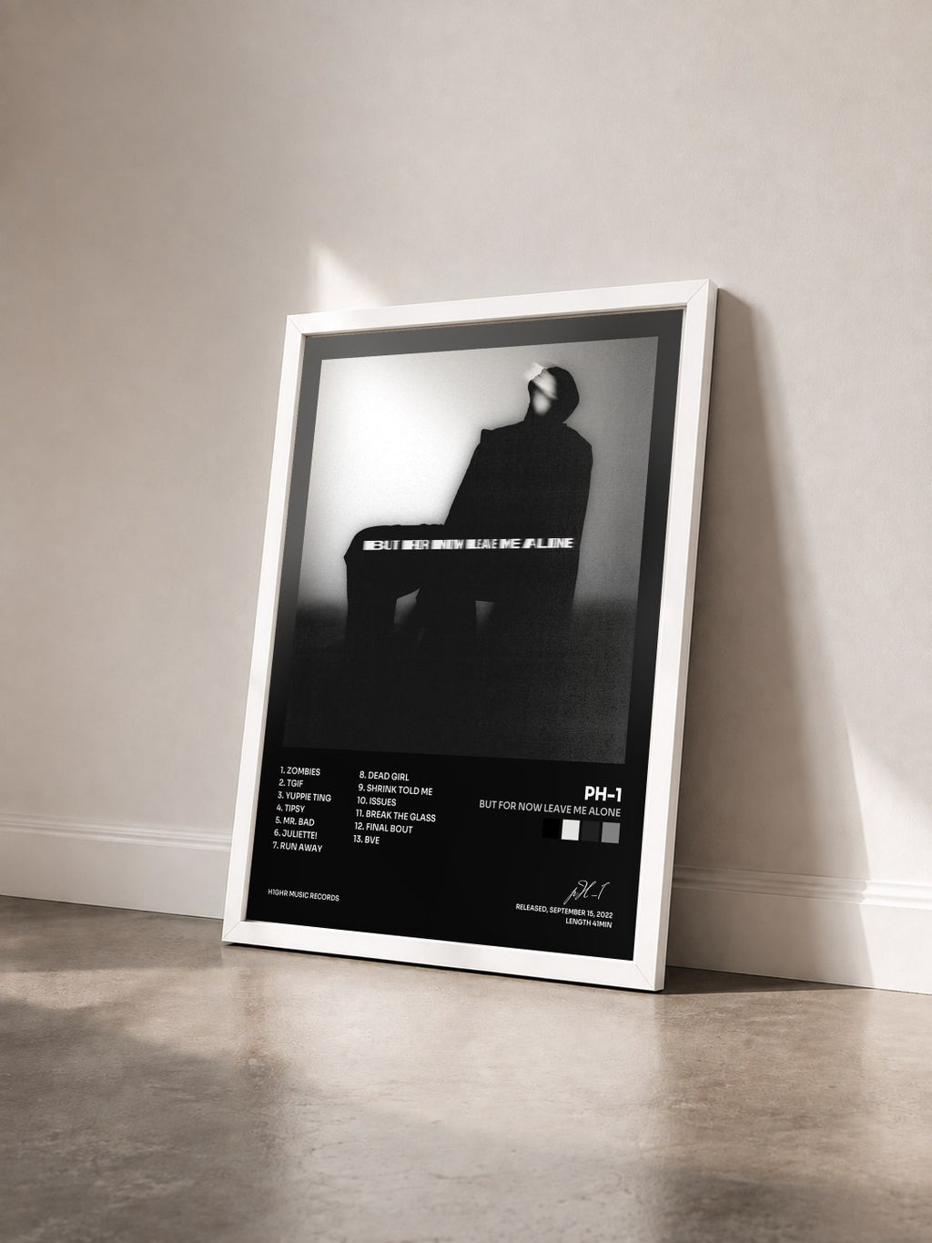 #blanc Tableau de l'album BUT FOR NOW LEAVE ME ALONE de pH-1 vu de trois quarts, cadre blanc