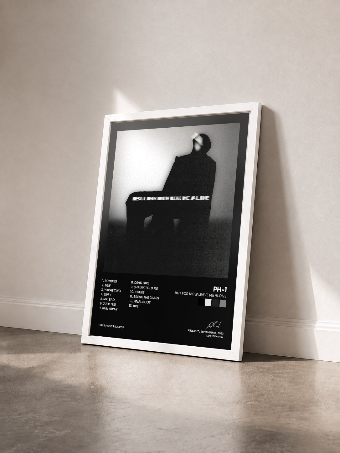 #blanc Tableau de l'album BUT FOR NOW LEAVE ME ALONE de pH-1 vu de trois quarts, cadre blanc