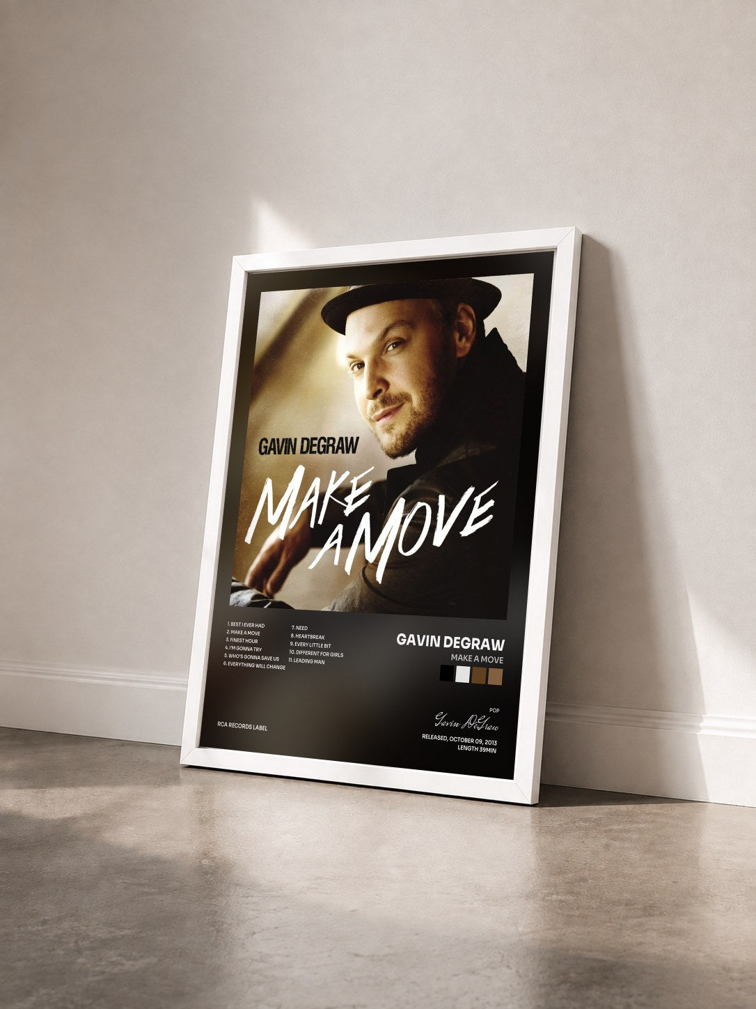 #blanc Tableau de l'album Make A Move de Gavin DeGraw vu de trois quarts, cadre blanc