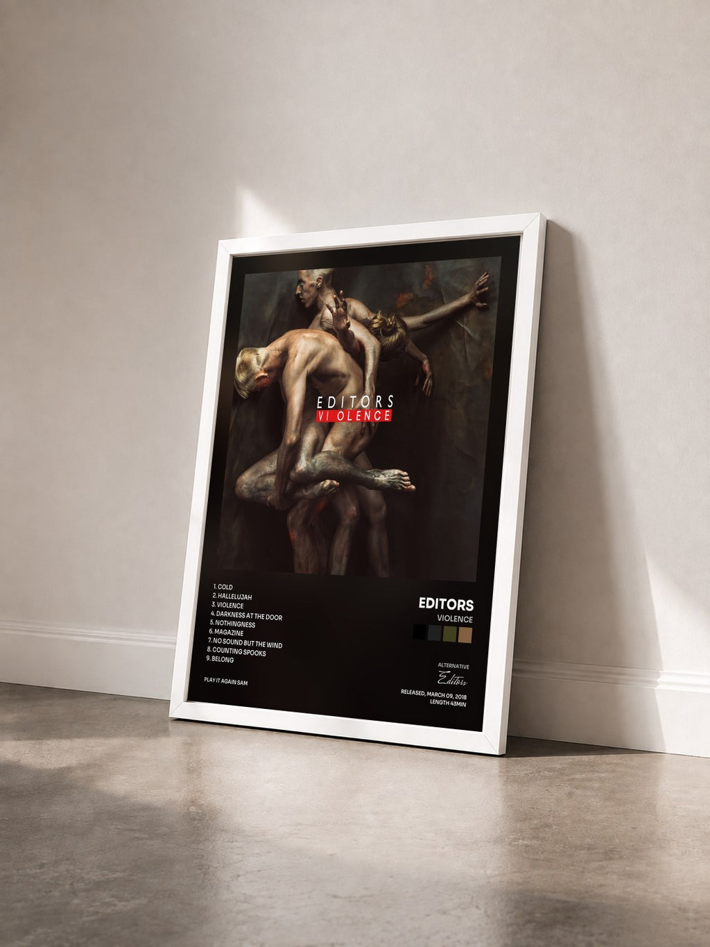 #blanc Tableau de l'album Violence de Editors vu de trois quarts, cadre blanc