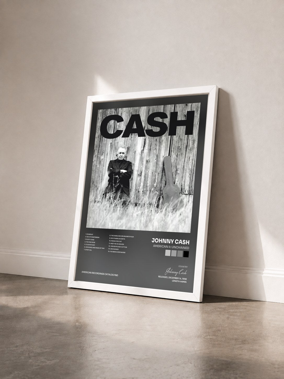 #blanc Tableau de l'album American II: Unchained de Johnny Cash vu de trois quarts, cadre blanc