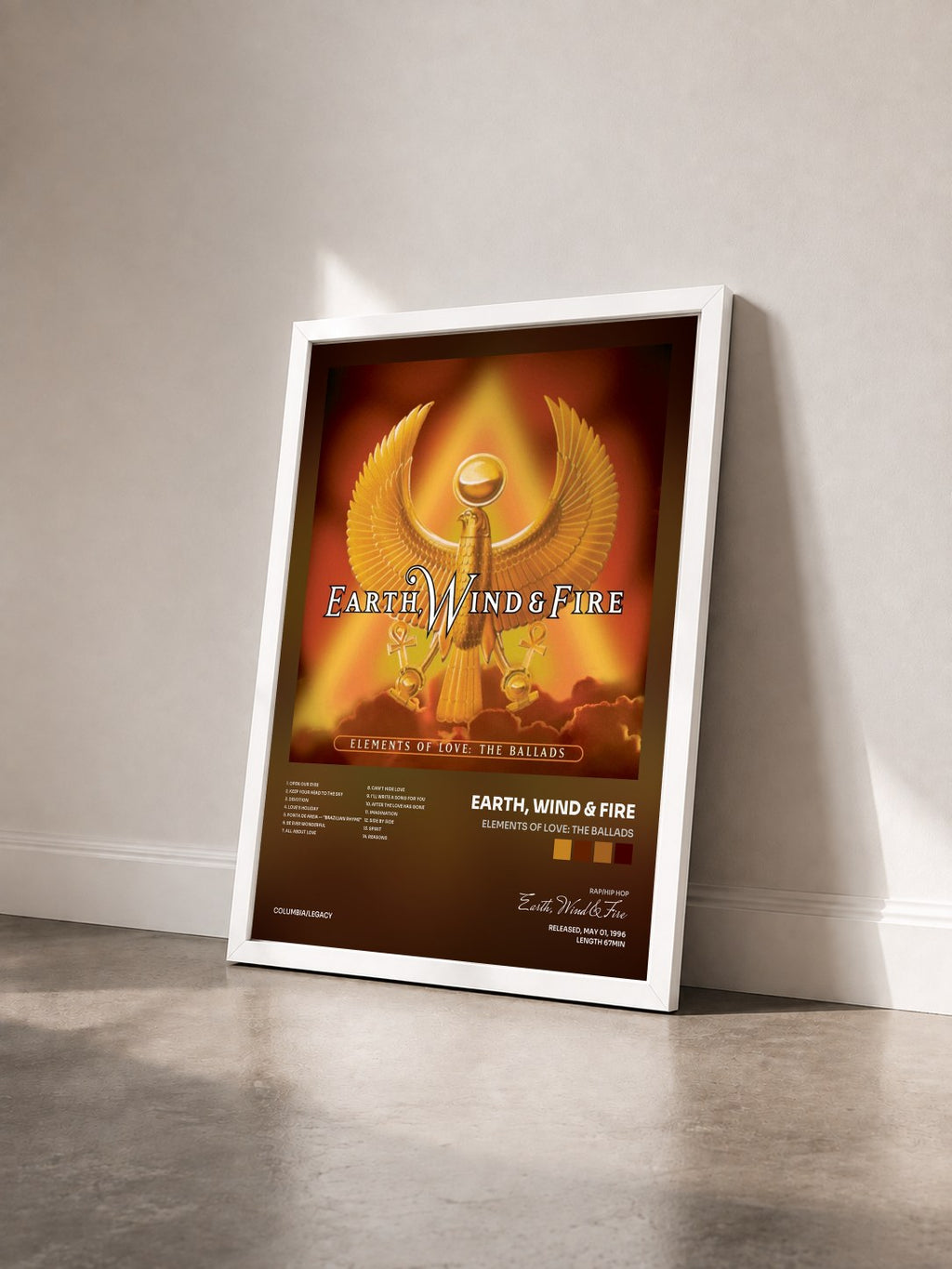 #blanc Tableau de l'album Elements Of Love: The Ballads de Earth, Wind & Fire vu de trois quarts, cadre blanc