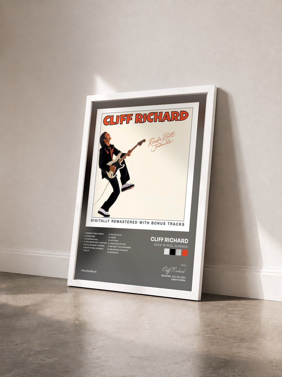 #blanc Tableau de l'album Rock 'n' Roll Juvenile de Cliff Richard vu de trois quarts, cadre blanc
